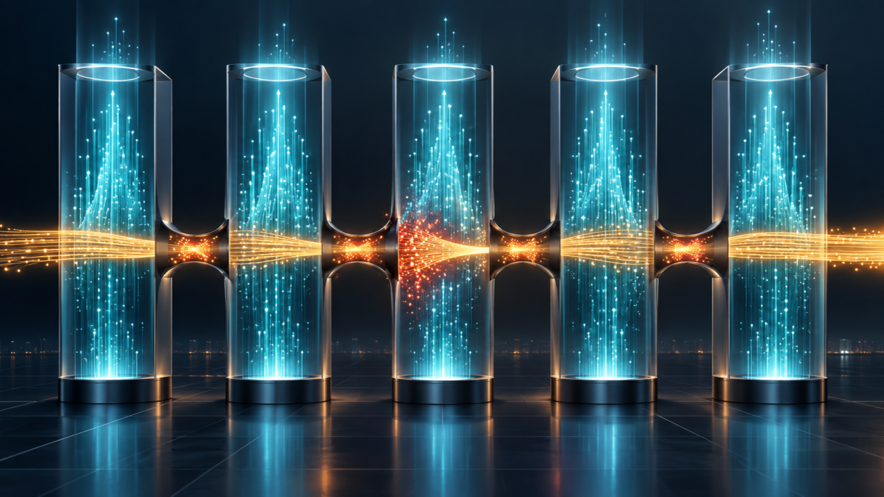 Blue columns of activity connected by a horizontal stream of orange light, narrowing at each handoff.